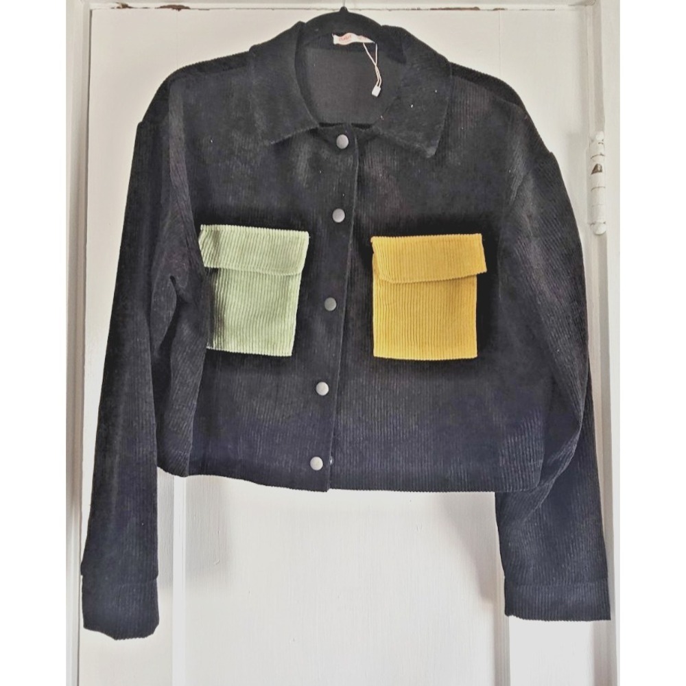 ROMWE black colorblock corduroy jacket contrasting‎ green yellow pockets woman M